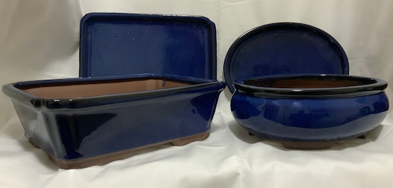 10-Zoll-glasierte keramische Bonsai-Tpfe & passende Tabletts ~ Azurblau -  Etsy.de
