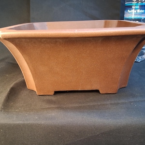 May include: A brown, hexagonal bonsai pot with a textured surface. The pot has a flared design and sits on four small feet. A bottle of purified water is in the background.