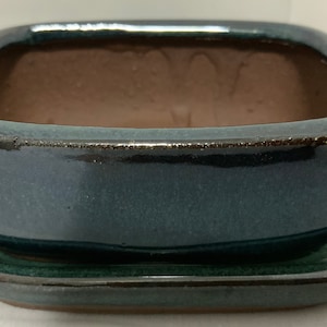3.5&quot; Glazed Ceramic Bonsai Pot & Matching Tray ~ Rounded Rectangular Deep Sea Green