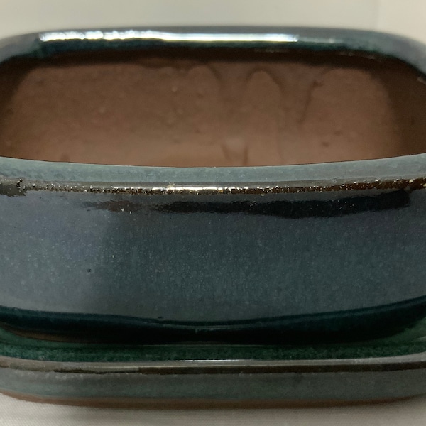 3.5" Glazed Ceramic Bonsai Pot & Matching Tray ~ Rounded Rectangular Deep Sea Green