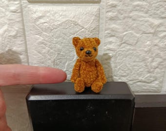 Tiny Teddy Bear 2.1 inch – Handmade Caramel Mini Artist Bear – Thread Jointed – Dollhouse Miniature