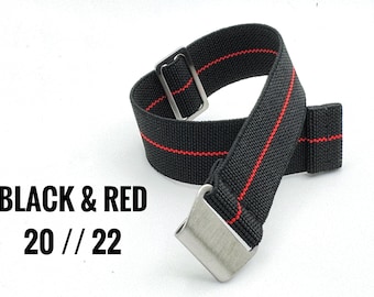 Correa de reloj de paracaídas con rayas rojas y negras de 20 mm y 22 mm – Correa elástica Marine Nationale – Correa de buceo sin pase – Compatible con MoonSwatch