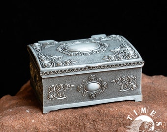 Sale Vintage metal jewelry box, ornate medium trinket box,medieval scene, ring box. Engrave Personalized Names