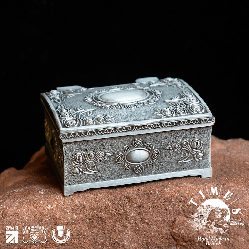 Sale Vintage metal jewelry box, ornate medium trinket box,medieval scene, ring box. Engrave Personalized Names image 1