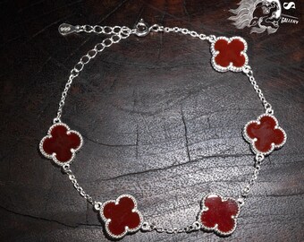 999 Fine Silver Red Agate Clover Bracelet, Handmade Four Leaf Floral Link Bracelet, Elegant Minimalist Gemstone Jewelry for Women