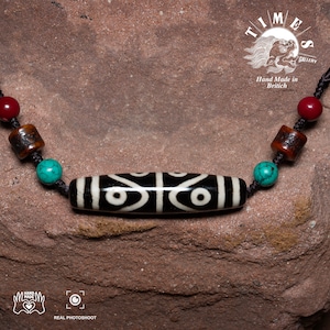 Handmade Tibetan,Eight-Eyed  Dzi Bead Necklace, Tibetan Buddhism Amulet, Utmost Pure Agate, Himalayan Art, Necklace 57x13.5mm