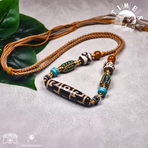 Handmade Tibetan (3-Eye, 6-Eye, 9-Eye)  Dzi Bead Necklace, Genuine Agate Amulet, Himalayan Buddhist Antique Talisman Jewelry, 58x13mm