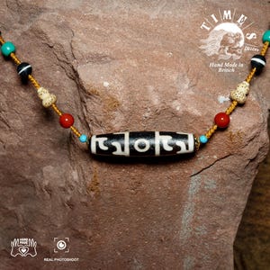 Handmade Tibetan, Lotus Master&#39;s Divine Three Eyes Dzi Bead Necklace, Tibetan Buddhism Amulet, Utmost Pure Agate, Himalayan Art, 59x13mm