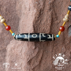 Handmade Tibetan, Lotus Master&#39;s Divine Three Eyes Dzi Bead Necklace, Tibetan Buddhism Amulet, Utmost Pure Agate, Himalayan Art, 59x13mm