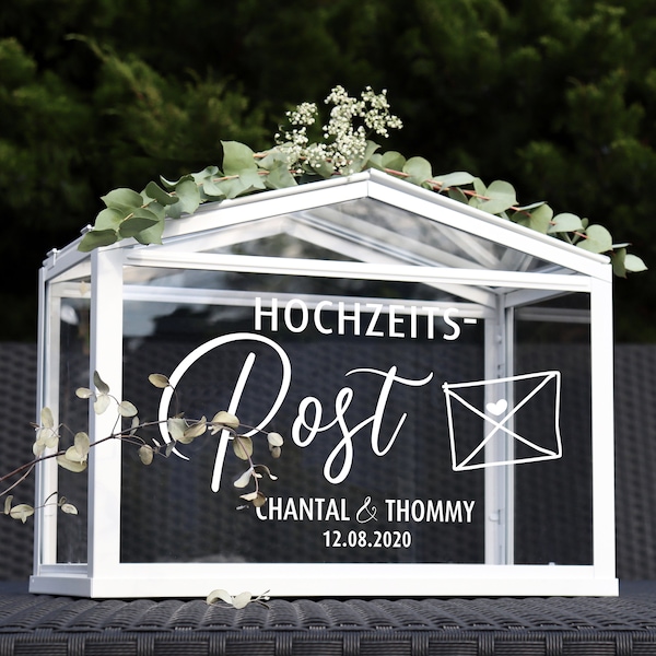 Aufkleber "Hochzeitspost Chantal" personalisiert mit Vornamen von Braut & Bräutigam, in 3 Farben