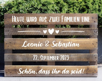 Palettenaufkleber "Heute wird aus zwei Familien eine", Willkommen, Willkommenschild Hochzeit, Aufkleber Palette, Hochzeitspalette, Aufkleber