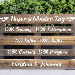 Palettenaufkleber "Unser schönster Tag", Timing Hochzeit, Ablauf Hochzeit, Aufkleber Palette, Hochzeitspalette, Aufkleber Hochzeit
