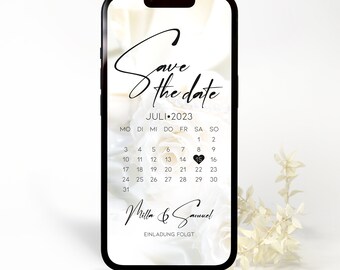 May include: A save the date card with a white floral background and a calendar with the date July 15, 2023 highlighted. The text "Save the date" is written in cursive and the names "Miller & Samuel" are written below the calendar. The text "Einladung folgt" is written below the names.