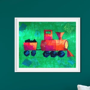 Printable steam train wall art for kids and babies, colorful nursery wall decor, old-fashioned train print