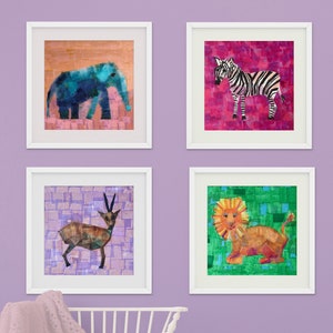 Set of 4 Downloadable Safari Prints for Nursery - Zebra, Lion, Gazelle, and Elephant, Colorful and Unique Nursery Art