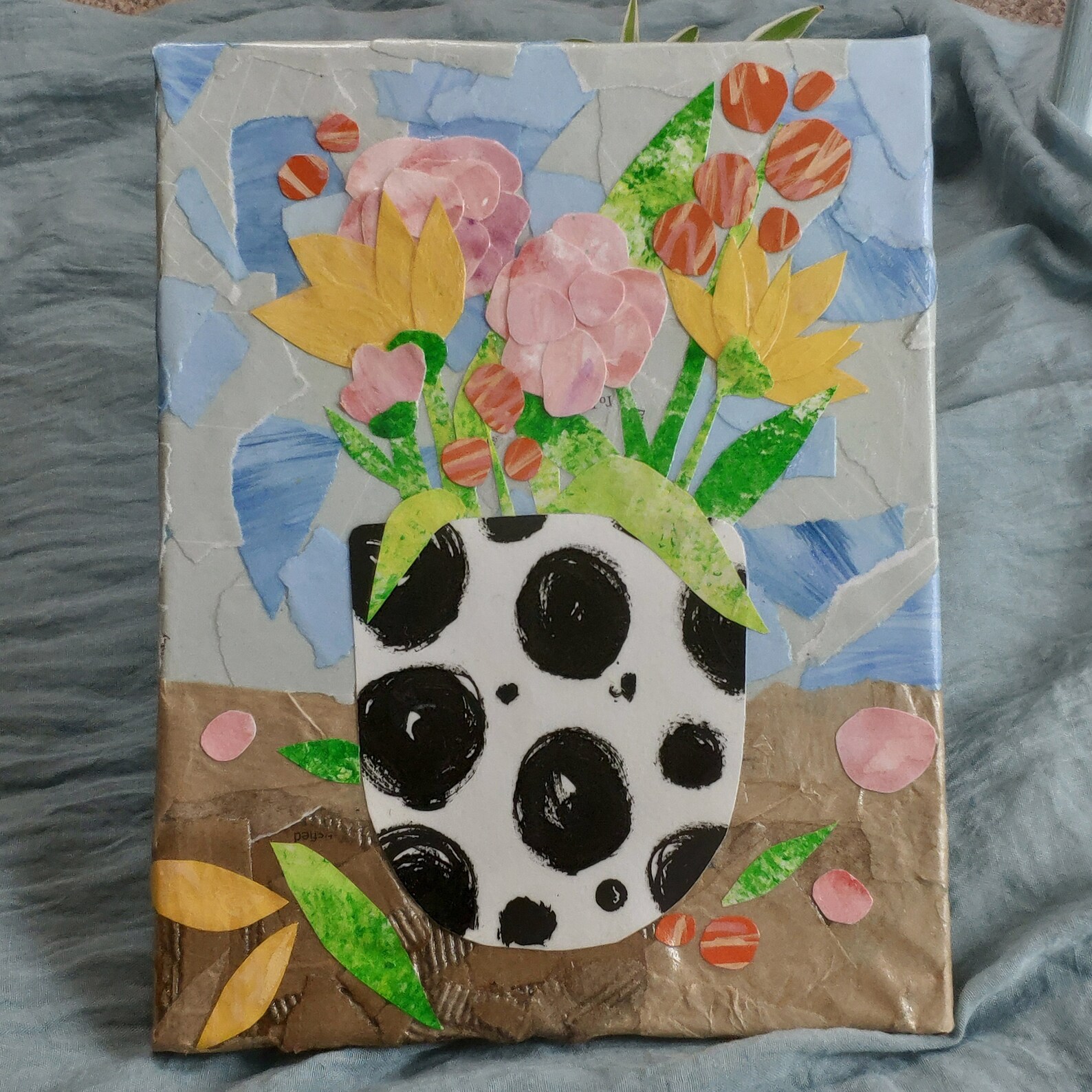 Floral Collage With Spotty Vase On Canvas Art Original Etsy