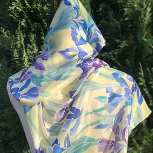 Silk scarf, hand painted silk scarf, floral design, iris flowers greens and purple signed art scarf, wedding scarf, silk anniversary scarf