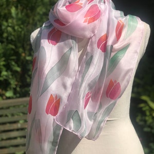 Pink and Red Tulip Silk Scarf | Long Hand Painted Silk Scarf | Summer Scarf | Silk Anniversary Scarf |  Wedding Guest Scarf | Birthday gift