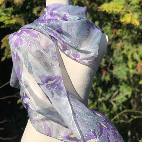 Silk scarf, hand painted silk scarf, floral design, iris flowers greens, greys and purple signed art scarf, wedding scarf, Mother's Day gift