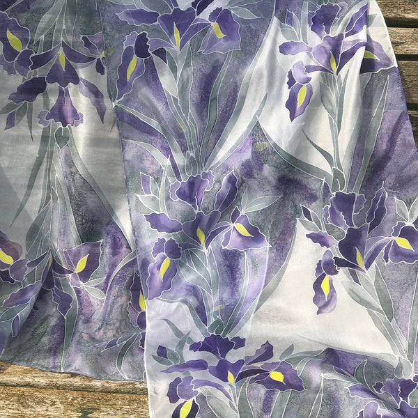 Silk scarf, hand painted silk scarf, floral design, iris flowers greens, greys and purple signed art scarf, wedding scarf, Mother's Day gift