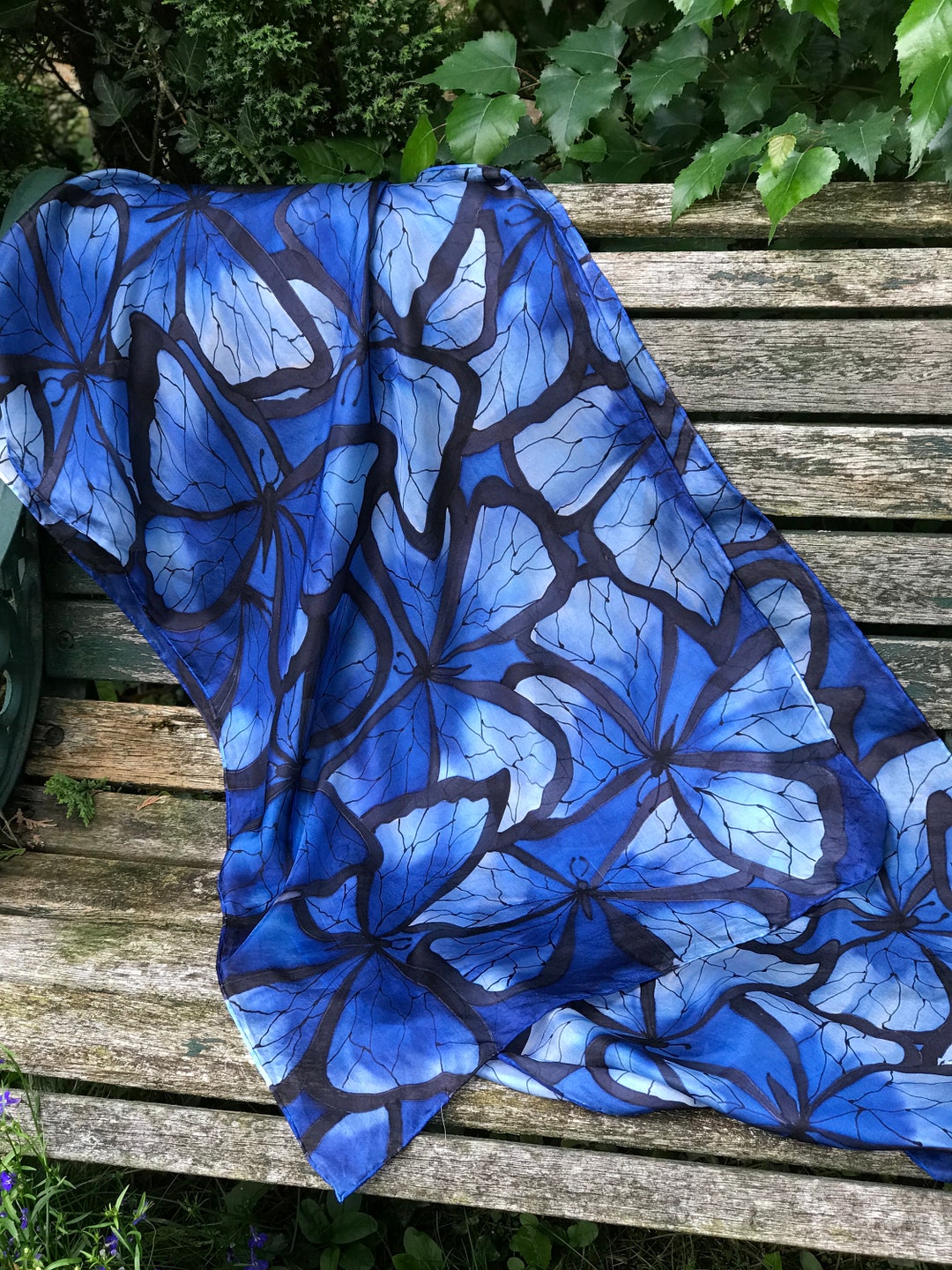 Silk Scarf Hand Painted Butterfly Scarf Blue Butterfly Silk Scarf