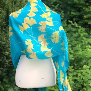 Silk Scarf | Long Hand Painted Silk Scarf | Ginkgo Leaf Design | Turquoise yellow Gold Scarf | Signed Art Scarf | Silk Anniversary wedding