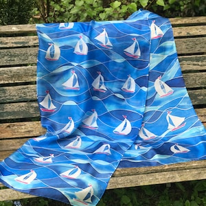 Yacht Silk Scarf | Blue and White Silk Scarf | Hand Painted Silk Scarf | Silk Anniversary Gift | Woman's Silk Scarf | Valentine Gift for Her