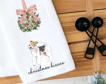 Christmas Kitchen Towel, Dish Towel, Tea Towel, Wire Fox Terrier, Dog Towel, Dog Kitchen Towel, Gift, Holiday Towel