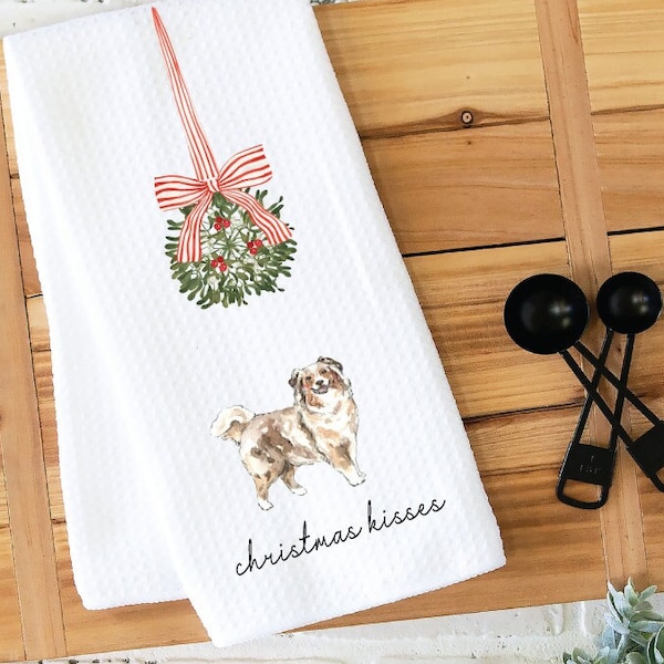 Christmas Kitchen Towel, Dish Towel, Tea Towel, Australian Shepherd, Red Merle, Aussie,  Dog Towel, Dog Kitchen Towel, Gift, Holiday Towel