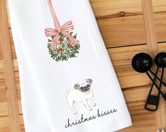 Christmas Kitchen Towel, Dish Towel, Tea Towel, Pug, Dog Towel, Dog Kitchen Towel, Gift, Holiday Towel