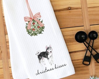 Christmas Kitchen Towel, Dish Towel, Tea Towel, Siberian Husky, Dog Towel, Dog Kitchen Towel, Gift, Holiday Towel