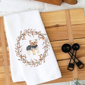 Autumn Kitchen Towel, Dish Towel, Tea Towel, Kitchen Towel Dog, Dog Kitchen Towel, Yorkie Gift, Terrier Gift, Fall Kitchen Towel