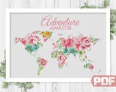 Floral World Map Cross Stitch Pattern, Adventure Awaits, Flower Earth Silhouette Modern Home Decor Sign Gift, xStitch PDF Instant Download