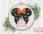 Happy Halloween Cross Stitch Pattern, Castle Silhouette Mouse Art Modern Embroidery Home Decor Counted Chart xStitch PDF Instant Download