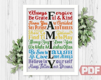 Family Cross Stitch Pattern, Always Forgive, Welcome Easy Modern Sign Home Art Decor Cute Gift Counted Chart xStitch PDF Instant Download