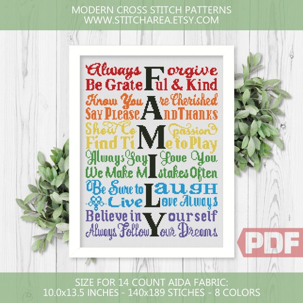 Family Cross Stitch Pattern, Always Forgive, Welcome Easy Modern Sign Home Art Decor Cute Gift Counted Chart xStitch PDF Instant Download