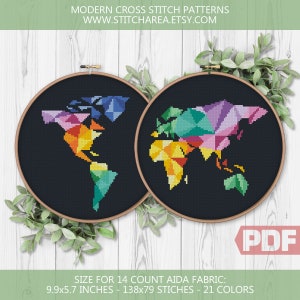 Carte polygonale, motif au point de croix, terre du monde géométrique, silhouette, art moderne, décoration d'intérieur, signe, cadeau mignon, facile xStitch PDF, téléchargement immédiat