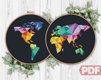 Polygonal Map Cross Stitch Pattern, Geometric World Earth, Silhouette Modern Art Home Decor Sign Cute Gift Easy xStitch PDF Instant Download