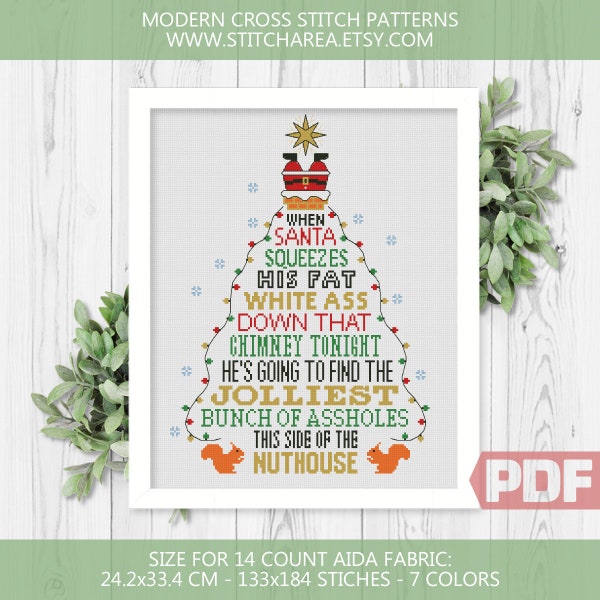 When Santa Squeezes Cross Stitch Pattern, Christmas Vacation, Funny Home Modern Decor Sign, Counted Chart xStitch PDF Instant Download