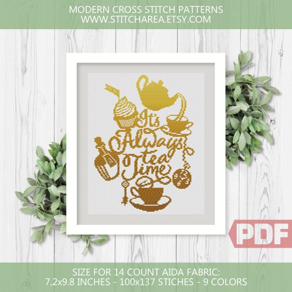 It's Always Tea Time, Cross Stitch Pattern, Alice Adventures & Through The Looking-Glass, Embroidery Decor Fairytale, PDF Instant Download