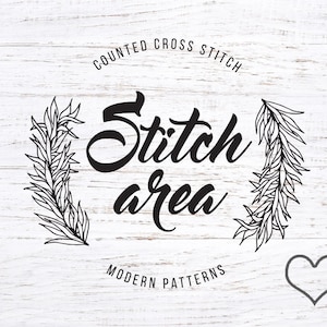 May include: Black and white logo design with the text "Stitch area" in a cursive font. The logo is framed by two stylized sprigs of foliage. The text "Counted Cross Stitch" appears above the logo and "Modern Patterns" appears below. A small heart shape appears in the bottom right corner.