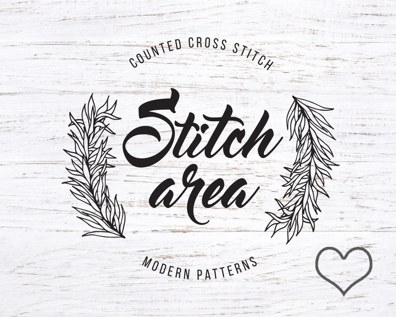 May include: Black and white logo design with the text "Stitch area" in a cursive font. The logo is framed by two stylized sprigs of foliage. The text "Counted Cross Stitch" appears above the logo and "Modern Patterns" appears below. A small heart shape appears in the bottom right corner.