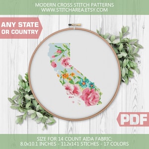 Kalifornien Kreuzstich Blumenmuster, Blumen Karte Zustand Silhouette Stickerei moderne Kunst Wohnkultur Geschenk, xStitch PDF digitaler Download