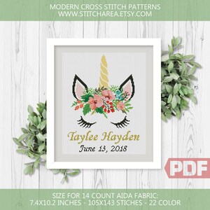 Eenhoorn kruissteekpatroon, gepersonaliseerde geboorte sampler datum naam bloem eenhoorn, bloemen dier silhouet geteld leuk cadeau, pdf op maat