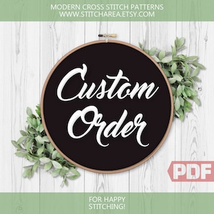 May include: A black embroidery hoop with the words "Custom Order" in white cursive lettering. The hoop is surrounded by green leafy branches. The text "PDF" is in red letters on a white background in the lower right corner of the image.