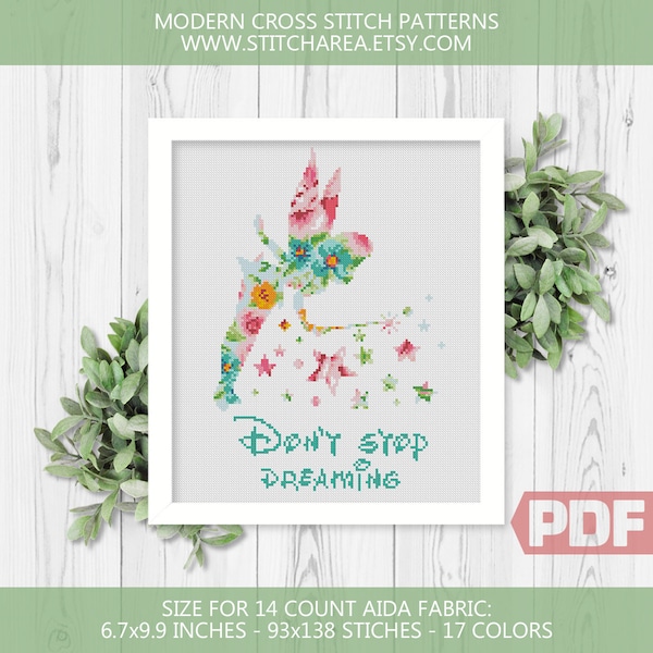 Floral Fairy Cross Stitch Pattern, Don't Stop Dreaming Hero Fairytale Cute Gift Modern Decor Easy Counted Chart xStitch PDF Téléchargement immédiat