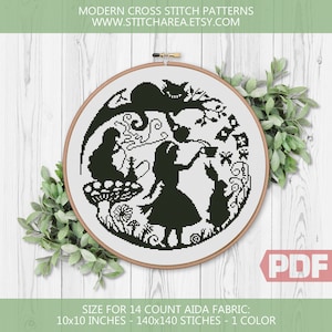 Modèle de point de croix Alice, chat du Cheshire, aventures et à travers le miroir, décoration moderne xStitch Chart, téléchargement numérique