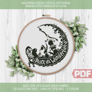 Schema punto croce, Alice Adventures e Attraverso lo specchio, Fiaba, Ricamo moderno Decor xStitch Chart PDF Download digitale