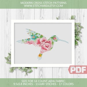 Floral Hummingbird Cross Stitch Pattern, Bird Silhouette, Embroidery Art, Modern Home Decor Gift Counted Chart xStitch PDF Instant Download