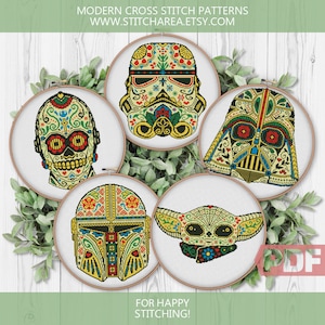 Cross Stitch Pattern, Trooper Mando Alien Dart, Sugar Skull xStitch Movie Fantasy Home Modern Embroidery Decor Gift, PDF Instant Download